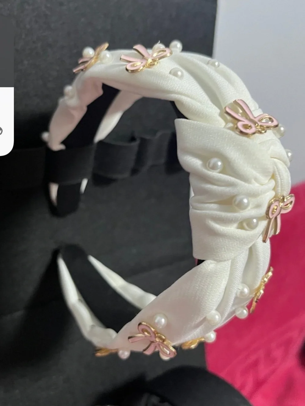 White Padded Headband with Pink Bow Accents